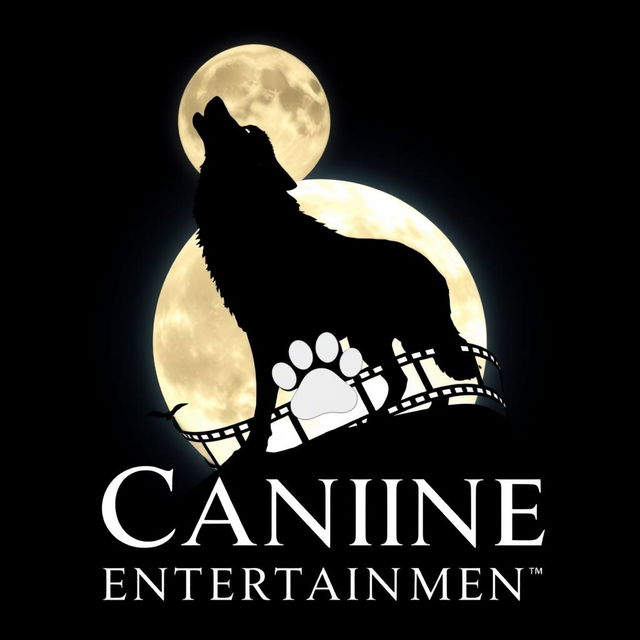 A silhouette of a wolf howling at a full moon, with a film reel elegantly wrapping behind the wolf