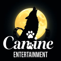 A silhouette of a wolf howling at a full moon, with a film reel elegantly wrapping behind the wolf