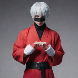 Kaneki, a character known from Tokyo Ghoul, attired in a vibrant red robe holding a pair of handcuffs.