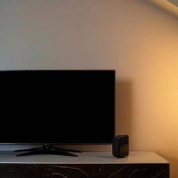 A modern television on the left side of an elegantly lit room, with a mobile phone resting to the right under ambient lighting.