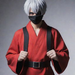 Kaneki, a character known from Tokyo Ghoul, attired in a vibrant red robe holding a pair of handcuffs.