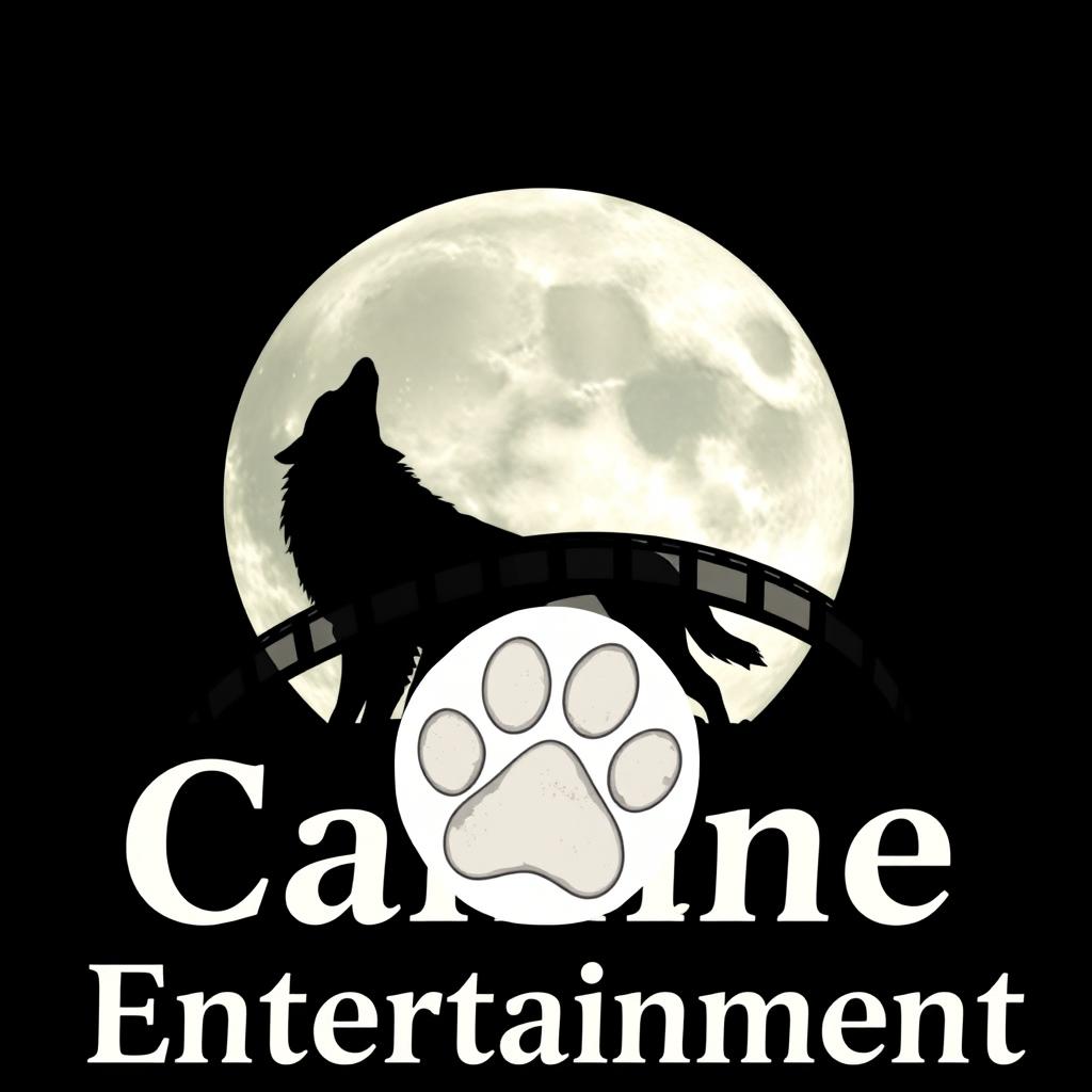 A silhouette of a wolf howling at a full moon, with a film reel elegantly wrapping behind the wolf