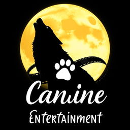 A silhouette of a wolf howling at a full moon, with a film reel elegantly wrapping behind the wolf