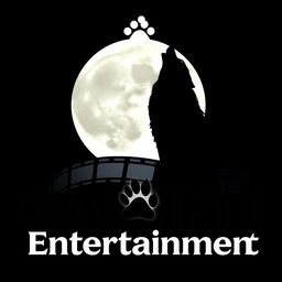 A silhouette of a wolf howling at a full moon, with a film reel elegantly wrapping behind the wolf