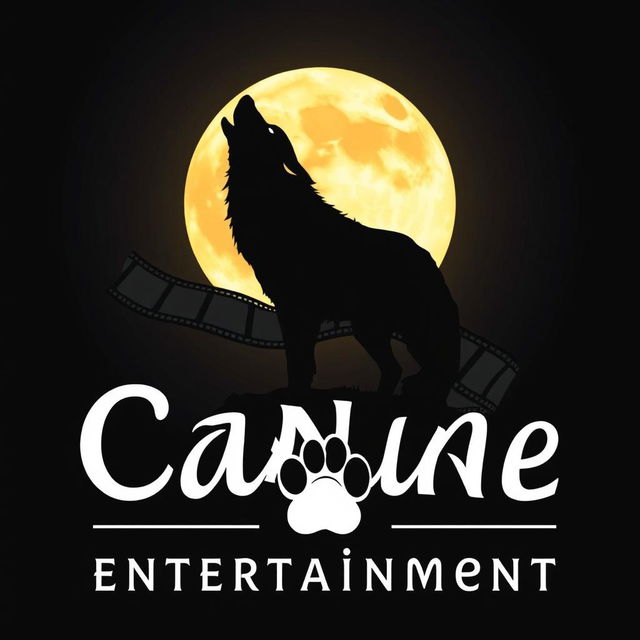 A silhouette of a wolf howling at a full moon, with a film reel elegantly wrapping behind the wolf