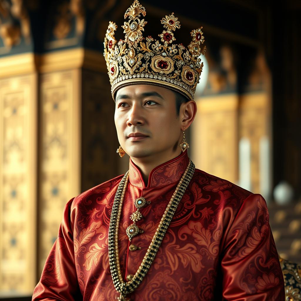 A Javanese king elegantly dressed in a traditional kebaya with intricate motifs, paired with a blangkon headdress adorned with gold or elaborate jewelry