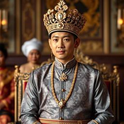 A Javanese king elegantly dressed in a traditional kebaya with intricate motifs, paired with a blangkon headdress adorned with gold or elaborate jewelry