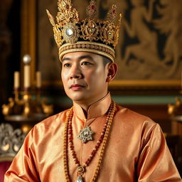 A Javanese king elegantly dressed in a traditional kebaya with intricate motifs, paired with a blangkon headdress adorned with gold or elaborate jewelry