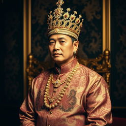 A Javanese king elegantly dressed in a traditional kebaya with intricate motifs, paired with a blangkon headdress adorned with gold or elaborate jewelry