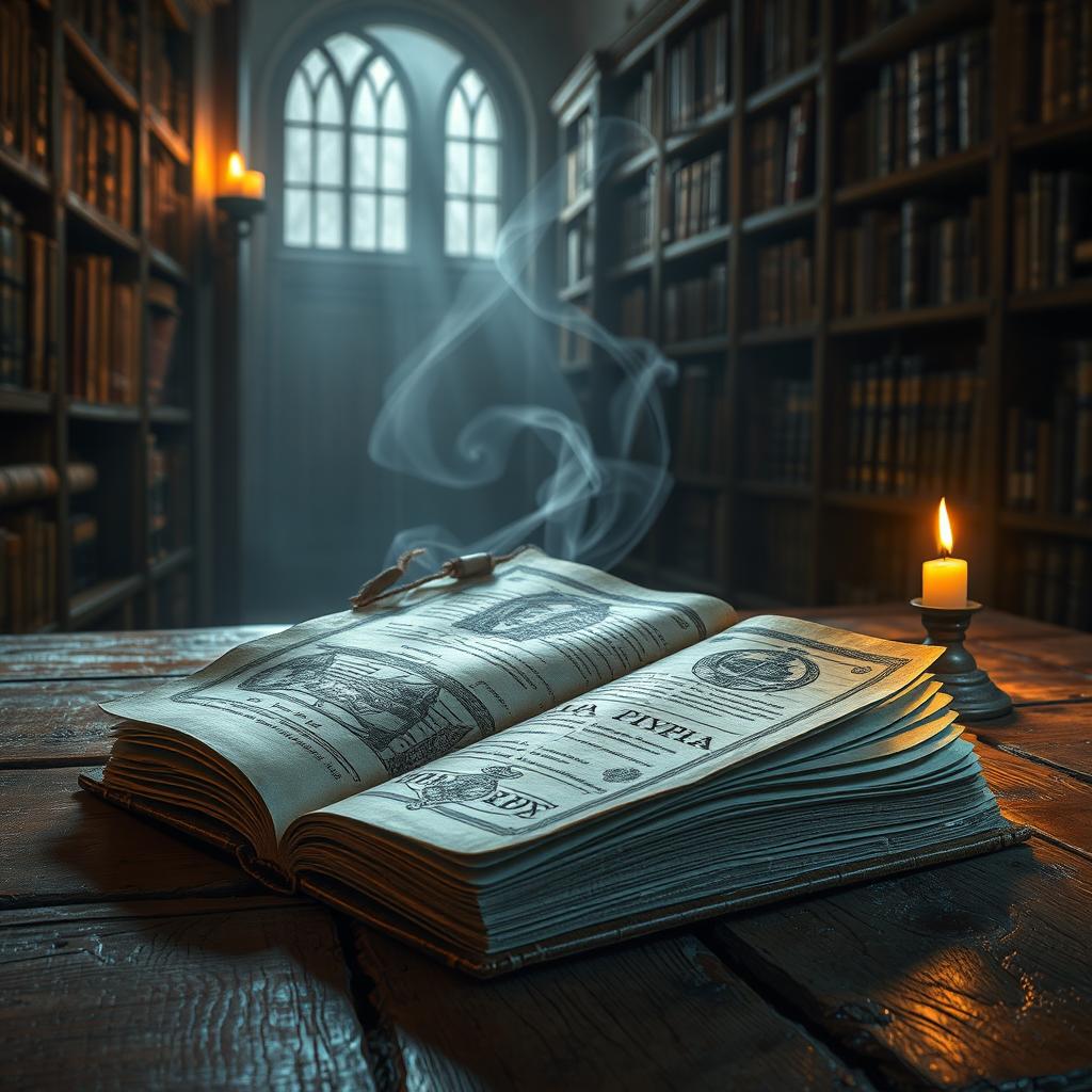 A captivating book cover design featuring a mysterious ancient tome lying open on a richly textured wooden table in a dimly lit, atmospheric library