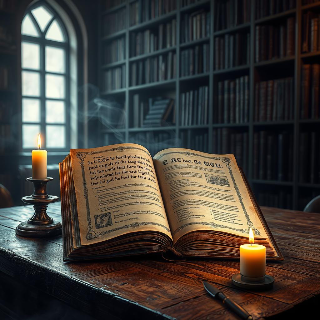 A captivating book cover design featuring a mysterious ancient tome lying open on a richly textured wooden table in a dimly lit, atmospheric library