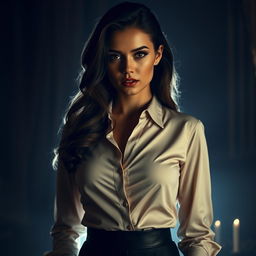 A seductive scene featuring a glamorous woman wearing an elegant blouse