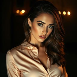 A seductive scene featuring a glamorous woman wearing an elegant blouse