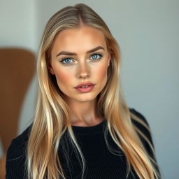 A realistic Finnish girl exuding confidence and allure, with striking features such as long blonde hair, crystal blue eyes, and a natural, radiant complexion