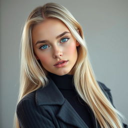 A realistic Finnish girl exuding confidence and allure, with striking features such as long blonde hair, crystal blue eyes, and a natural, radiant complexion