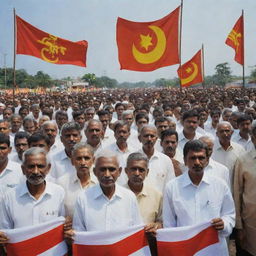 Depict a poignant scene showing Tamil, Sinhala, Muslim, and Christian communities losing their unity due to political influence, demonstrating distinct divisions with visuals of biased political banners or symbols.