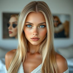 A realistic Finnish girl exuding confidence and allure, with striking features such as long blonde hair, crystal blue eyes, and a natural, radiant complexion