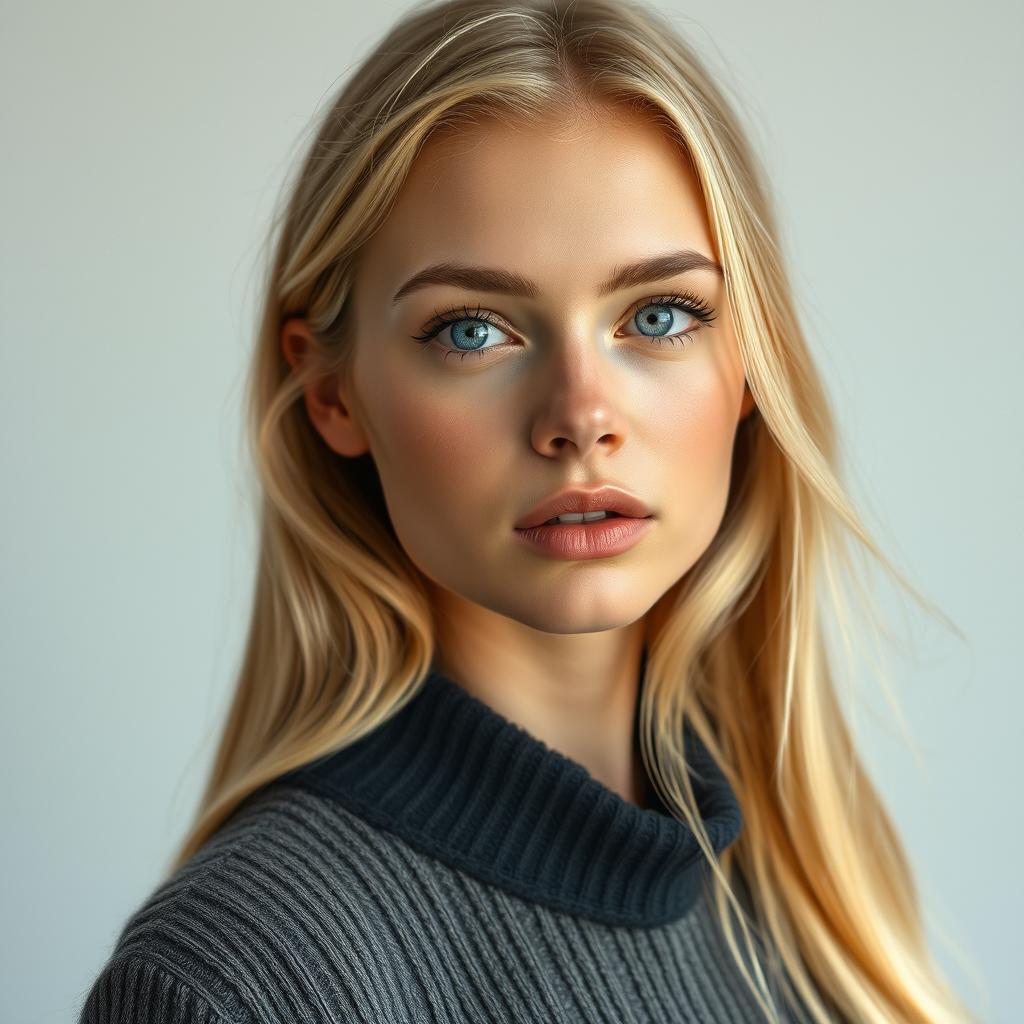 A realistic Finnish girl exuding confidence and allure, with striking features such as long blonde hair, crystal blue eyes, and a natural, radiant complexion