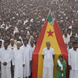 Depict a poignant scene showing Tamil, Sinhala, Muslim, and Christian communities losing their unity due to political influence, demonstrating distinct divisions with visuals of biased political banners or symbols.