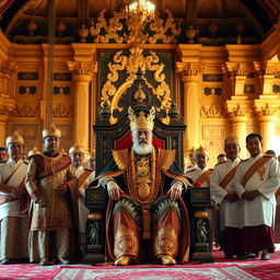 In a grand palace with distinctive Javanese architecture, RAJA WIJAYA, a wise king dressed in majestic attire adorned with gold ornaments, sits on his throne