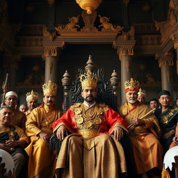 In a grand palace with distinctive Javanese architecture, RAJA WIJAYA, a wise king dressed in majestic attire adorned with gold ornaments, sits on his throne