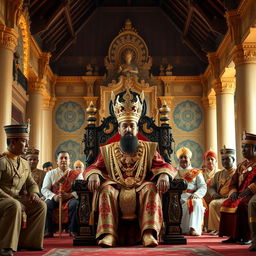 In a grand palace with distinctive Javanese architecture, RAJA WIJAYA, a wise king dressed in majestic attire adorned with gold ornaments, sits on his throne