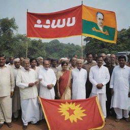 Depict a poignant scene showing Tamil, Sinhala, Muslim, and Christian communities losing their unity due to political influence, demonstrating distinct divisions with visuals of biased political banners or symbols.