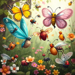 A whimsical and imaginative scene featuring insects with exaggerated, humorous features, such as having creatively stylized breasts reminiscent of human anatomy