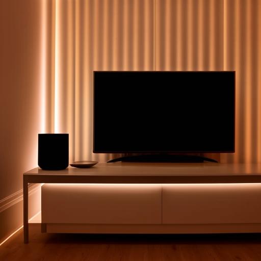 A modern television on the left side of an elegantly lit room, with a mobile phone resting to the right under ambient lighting.