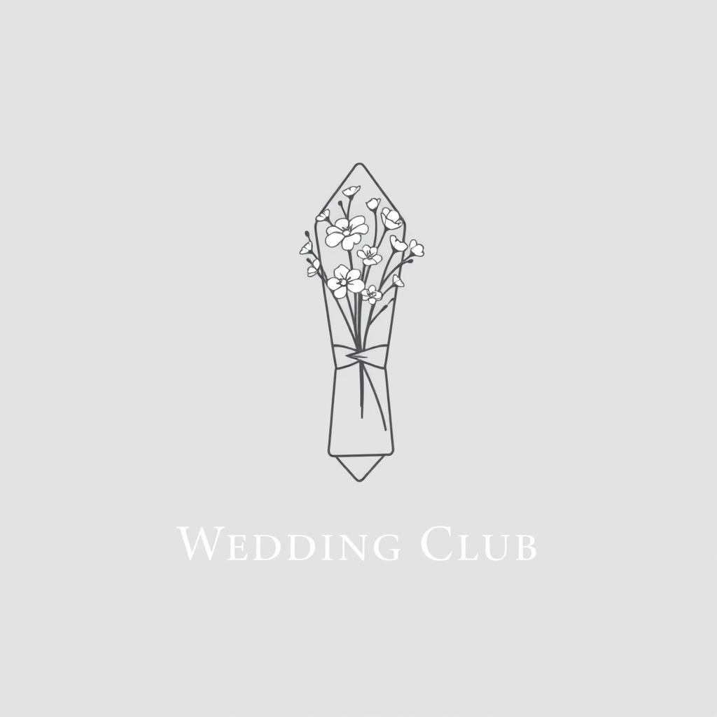 A minimalist wedding club logo featuring a folded cloth napkin holding a delicate bouquet of flowers, all presented in a monochromatic gray color scheme