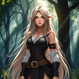 A beautiful female character with long flowing hair, wearing a fantasy-inspired outfit that combines modern and traditional elements