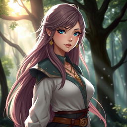 A beautiful female character with long flowing hair, wearing a fantasy-inspired outfit that combines modern and traditional elements