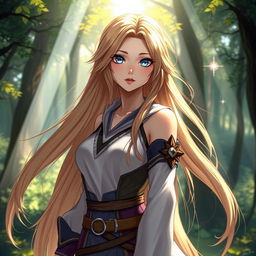 A beautiful female character with long flowing hair, wearing a fantasy-inspired outfit that combines modern and traditional elements