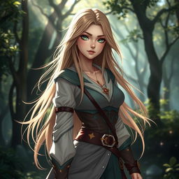 A beautiful female character with long flowing hair, wearing a fantasy-inspired outfit that combines modern and traditional elements