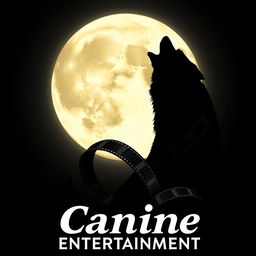 A silhouette of a wolf howling at a full moon, with a film reel elegantly wrapping behind the wolf