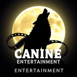 A silhouette of a wolf howling at a full moon, with a film reel elegantly wrapping behind the wolf