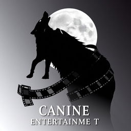 A silhouette of a wolf howling at a full moon, with a film reel elegantly wrapping behind the wolf