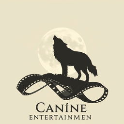 A silhouette of a wolf howling at a full moon, with a film reel elegantly wrapping behind the wolf