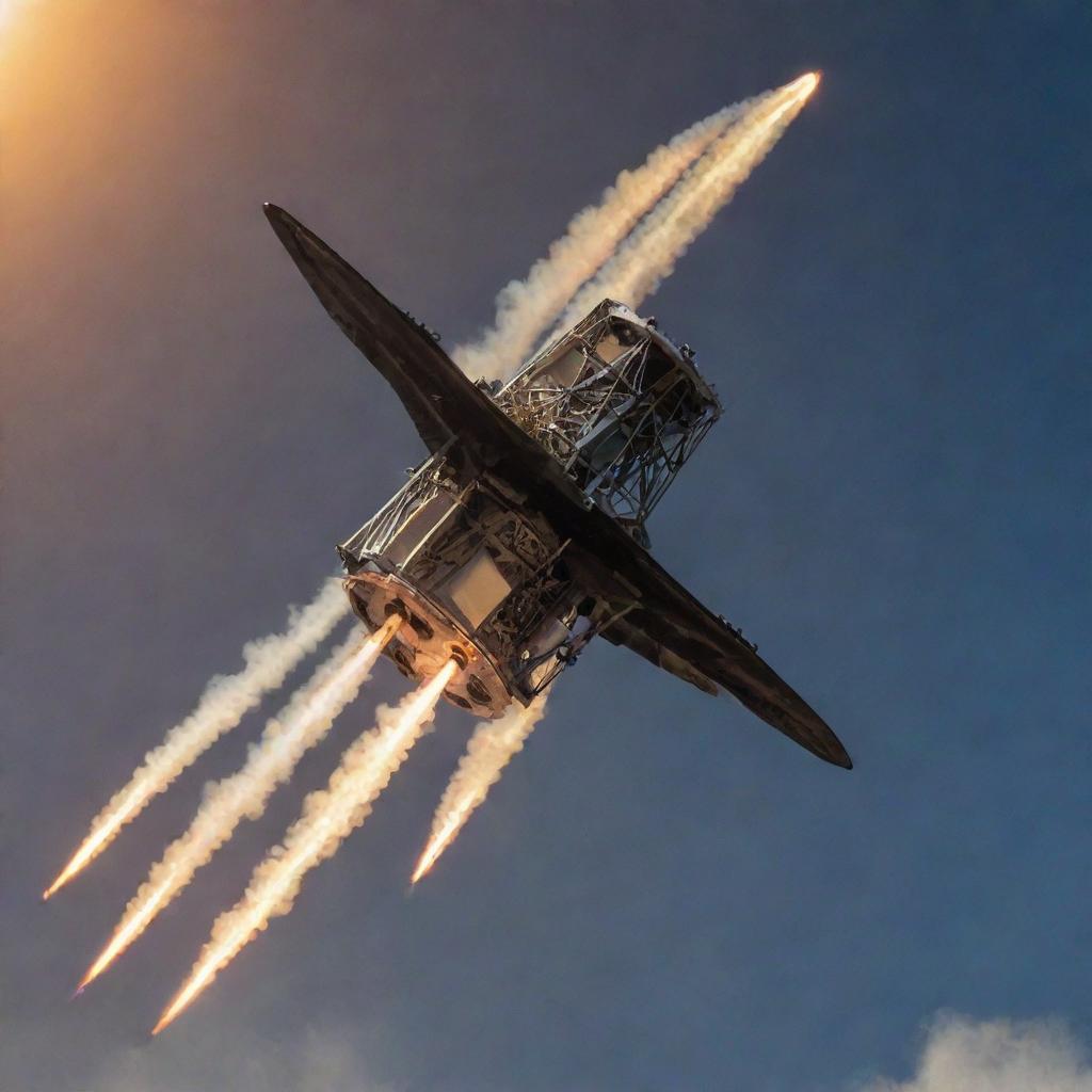 A detailed image of a rocker propelled module soaring through the sky, with trails of flame behind it.