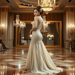 A full-body portrait of an elegant woman in a stunning evening gown