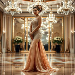 A full-body portrait of an elegant woman in a stunning evening gown