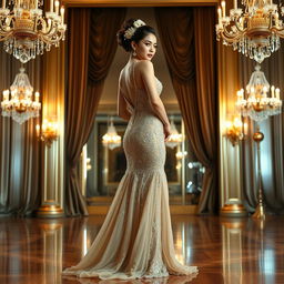 A full-body portrait of an elegant woman in a stunning evening gown