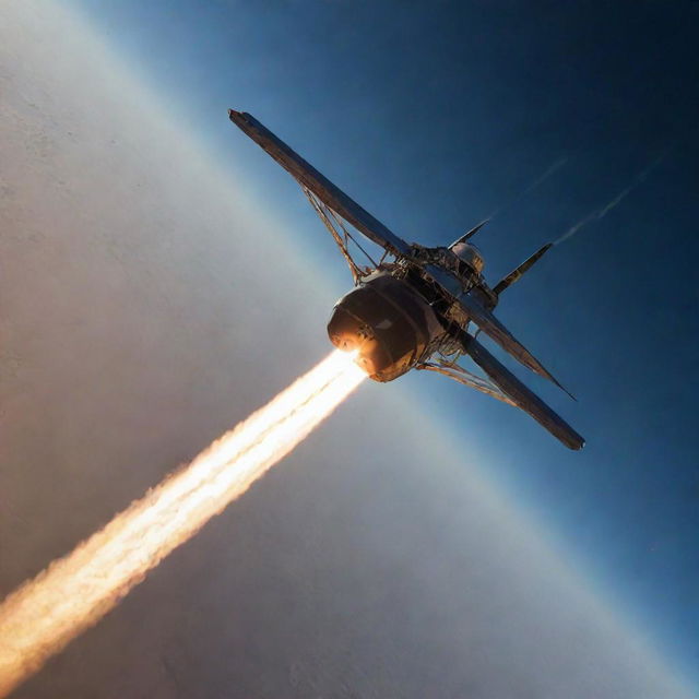 A detailed image of a rocker propelled module soaring through the sky, with trails of flame behind it.