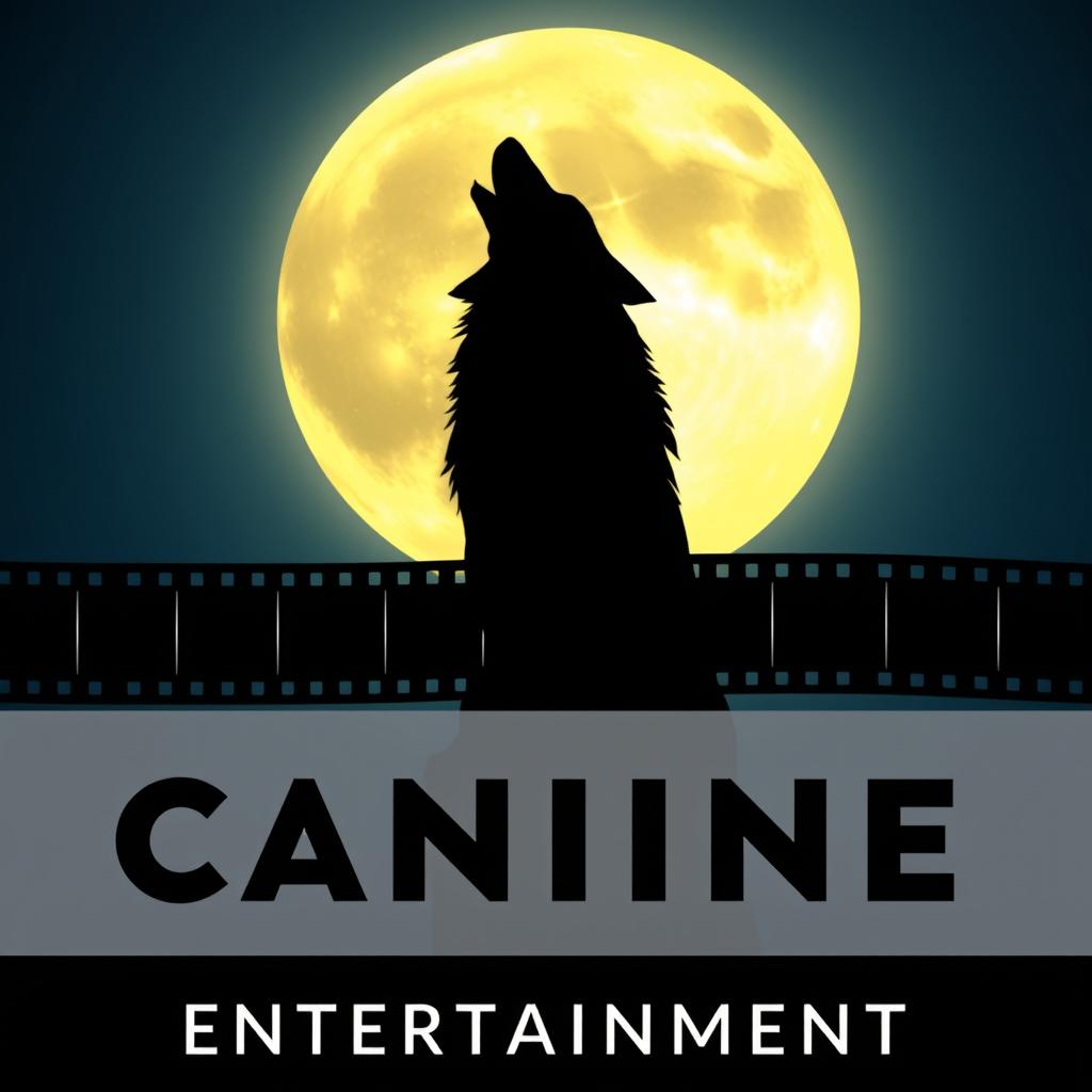 A silhouette of a wolf howling at a full moon, with a film reel elegantly wrapping behind the wolf