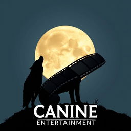 A silhouette of a wolf howling at a full moon, with a film reel elegantly wrapping behind the wolf