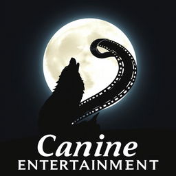 A silhouette of a wolf howling at a full moon, with a film reel elegantly wrapping behind the wolf