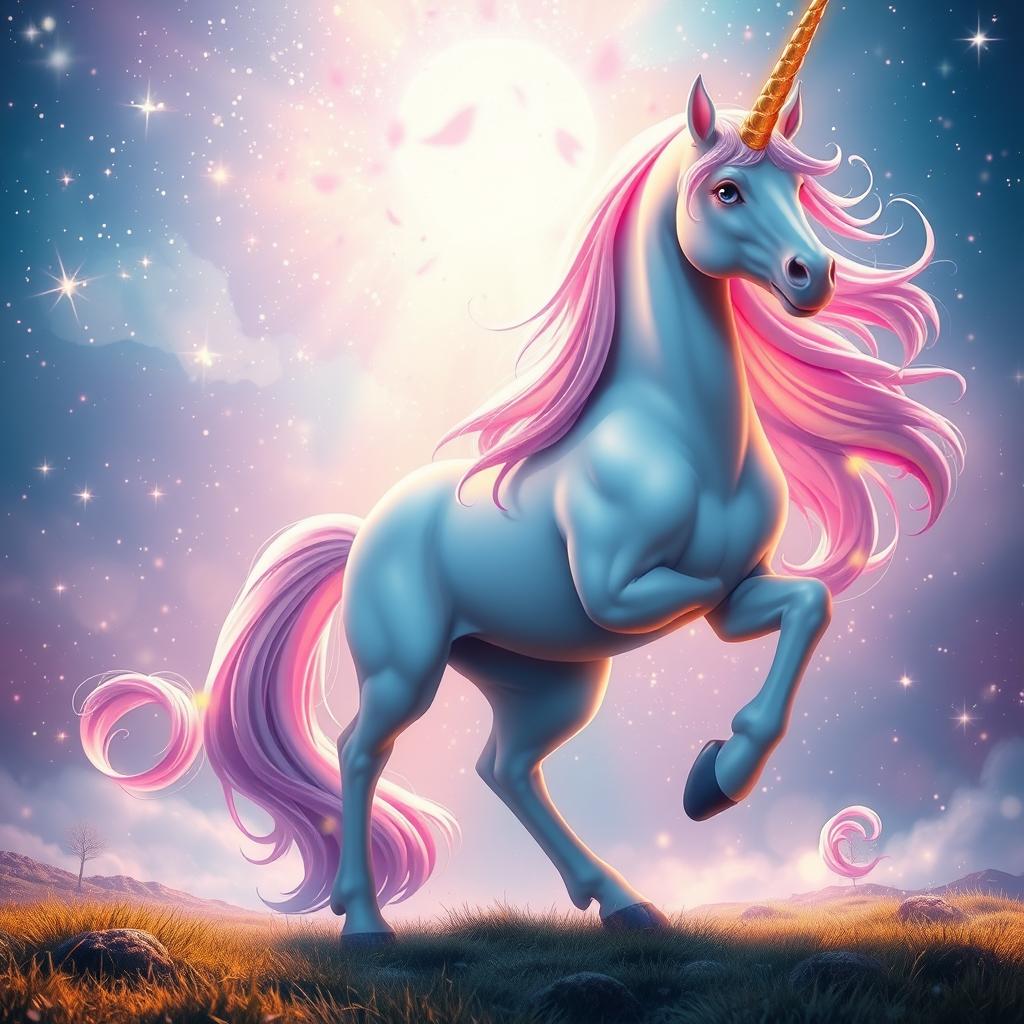 A huge unicorn standing majestically, exuding a magical and enchanting aura