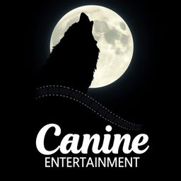 A silhouette of a wolf howling at a full moon, with a film reel elegantly wrapping behind the wolf