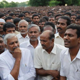 Illustrate a saddening scene where Tamil, Sinhala, Muslim, and Christian communities, once harmonious, are losing their unity due to political strife, resulting in a noticeable lack of emotion and interaction between them.