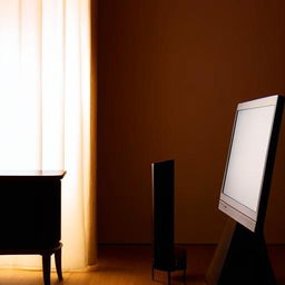 A modern television on the left side of an elegantly lit room, with a mobile phone resting to the right under ambient lighting.